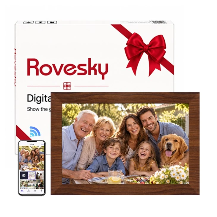 32GB Memory Electronic Photo Frame in Mahogany Color, WiFi-enabled Smart Photo Frame, Plug-in Type